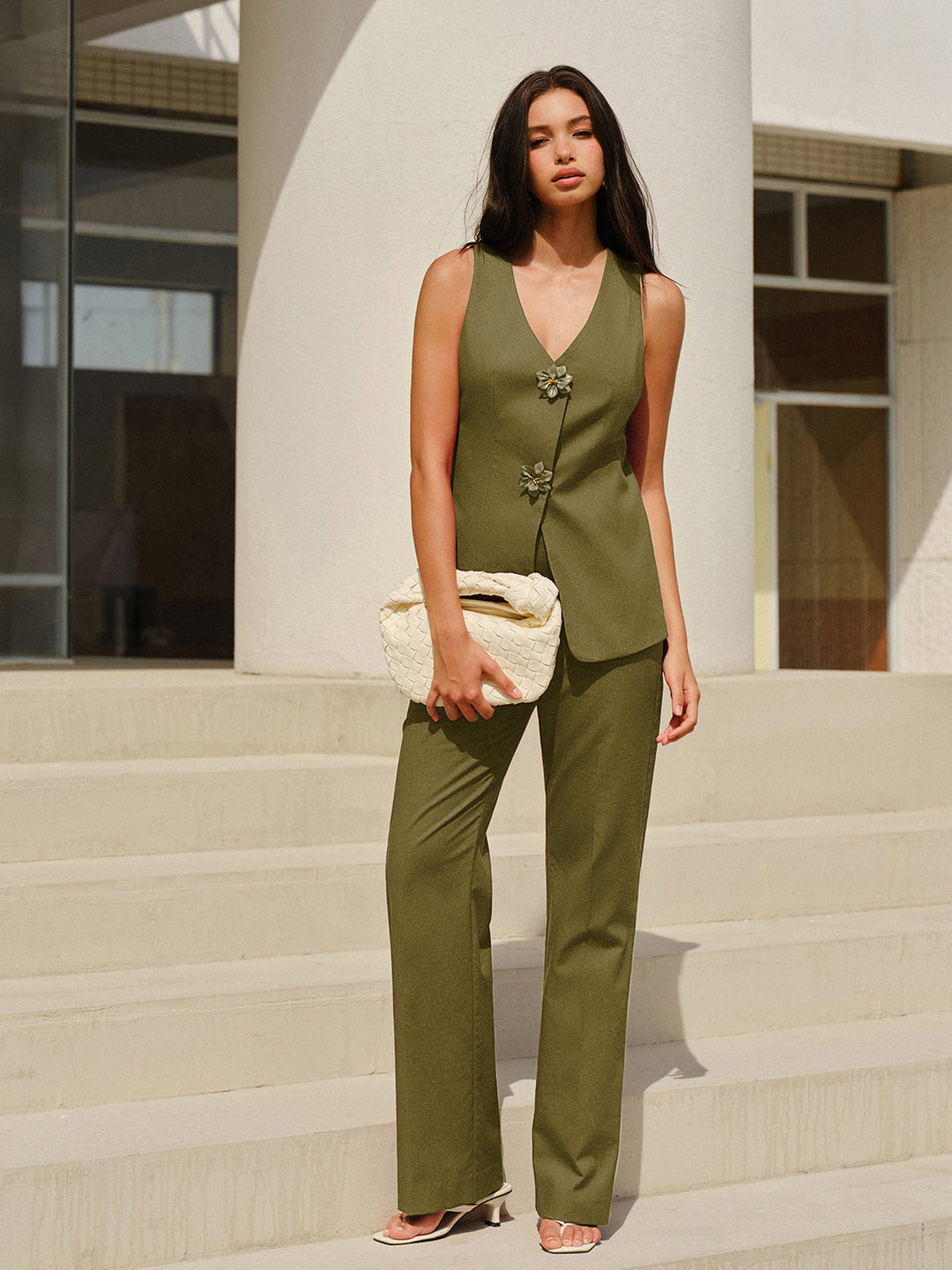 Sleeveless V-Neck Pants Set With Floral Buttons  Liora Lane Boutique Pant Sets
