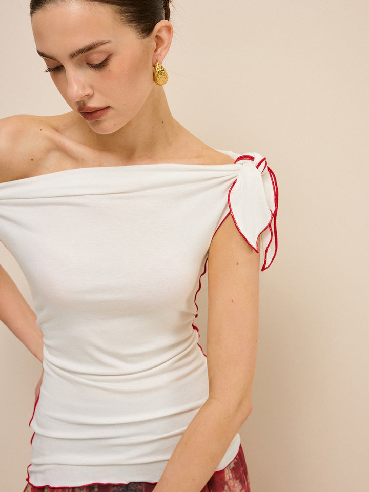 Off-Shoulder Contrast Trim Knotted Top  Liora Lane Boutique T-Shirts