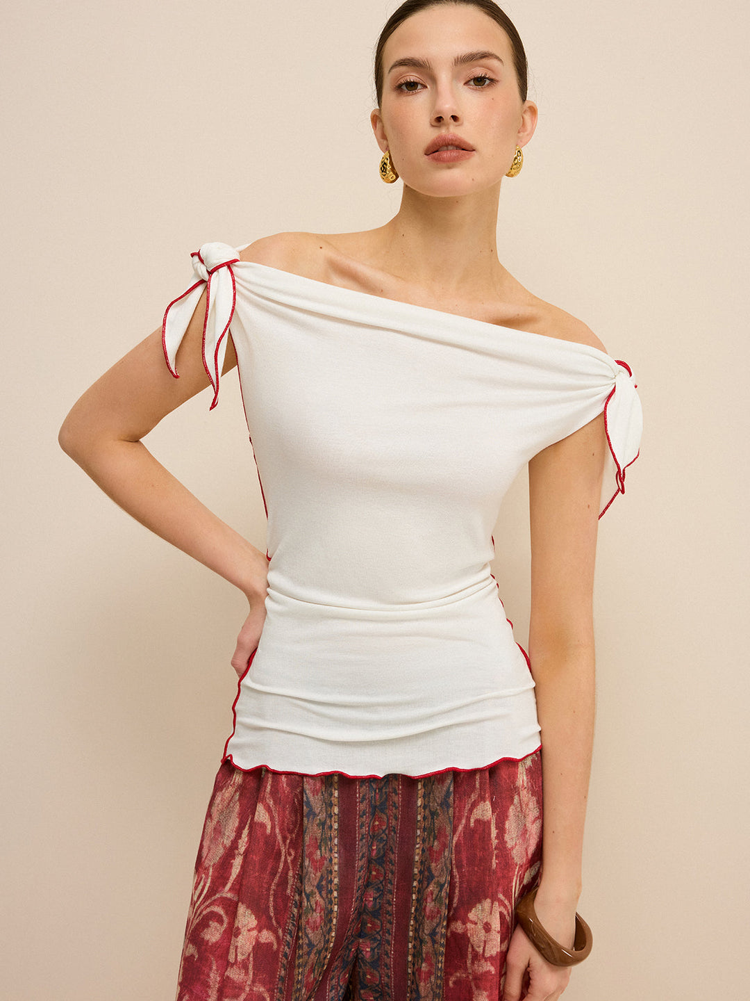 Off-Shoulder Contrast Trim Knotted Top  Liora Lane Boutique T-Shirts White / XL 19.00