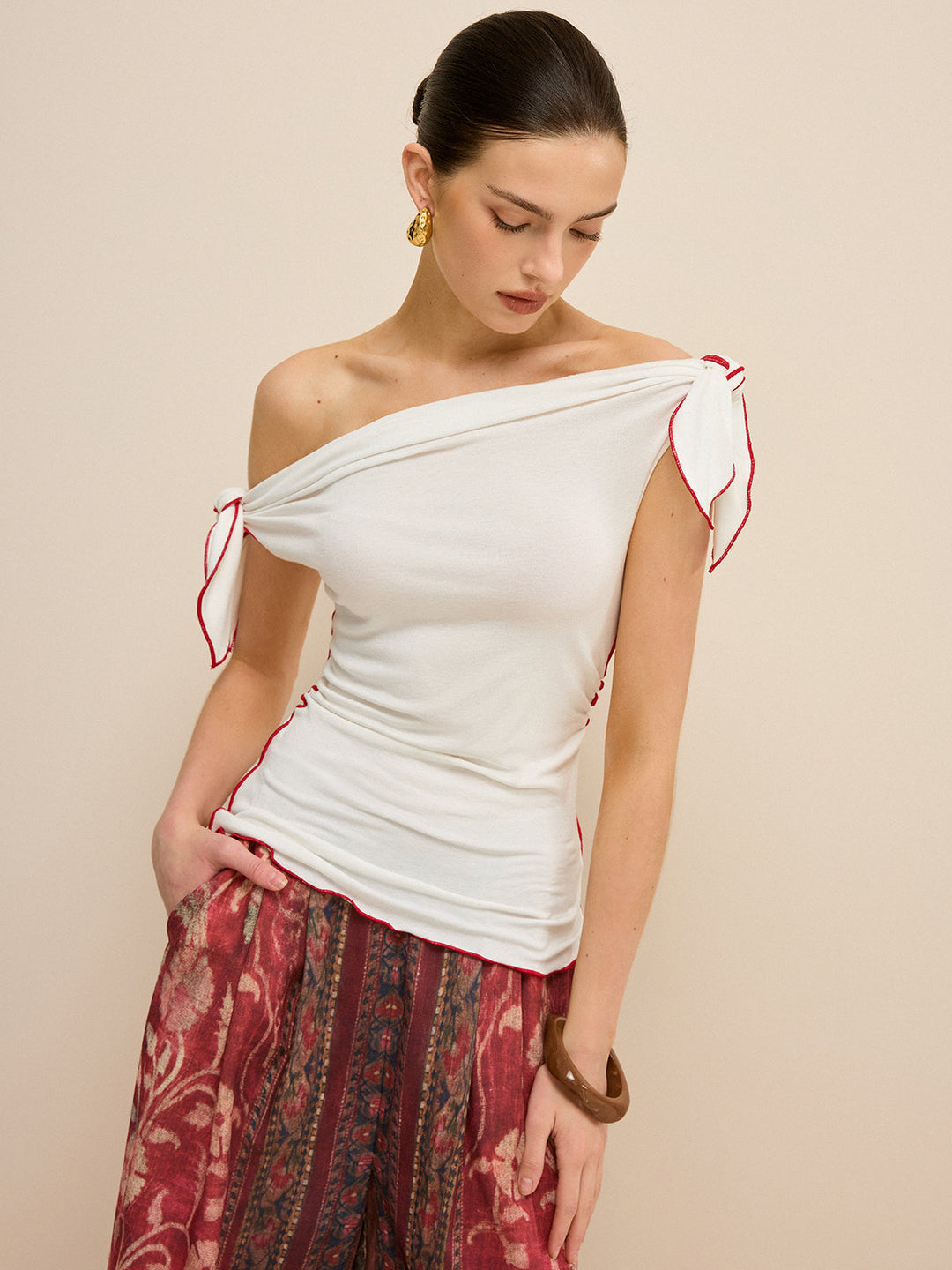 Off-Shoulder Contrast Trim Knotted Top  Liora Lane Boutique T-Shirts