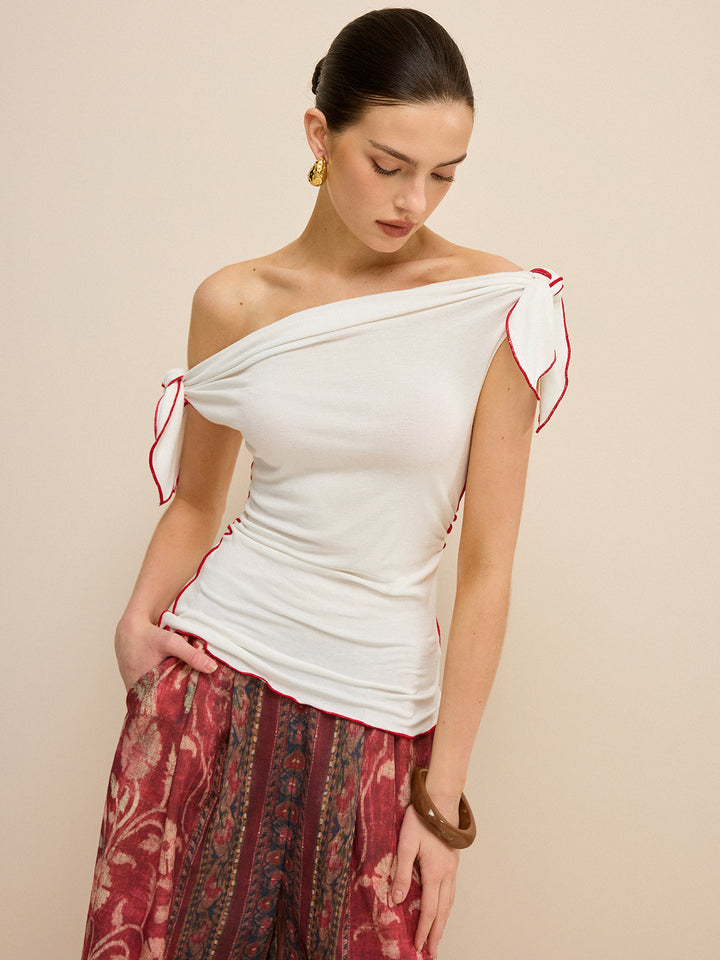 Off-Shoulder Contrast Trim Knotted Top  Liora Lane Boutique T-Shirts
