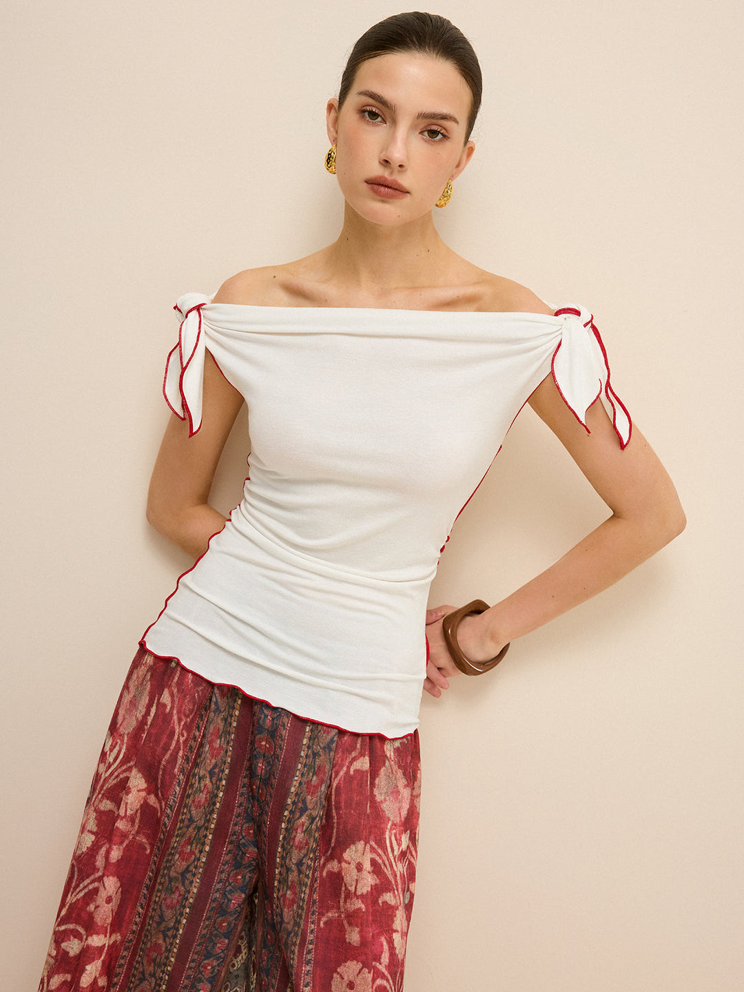 Off-Shoulder Contrast Trim Knotted Top  Liora Lane Boutique T-Shirts