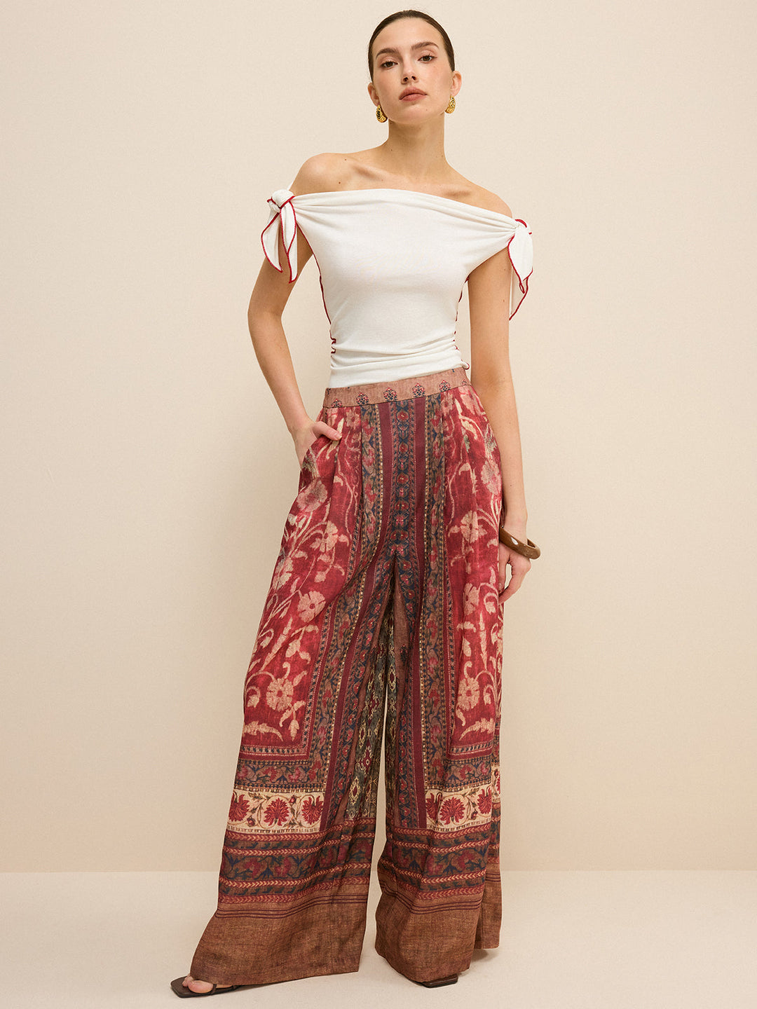 Off-Shoulder Contrast Trim Knotted Top  Liora Lane Boutique T-Shirts