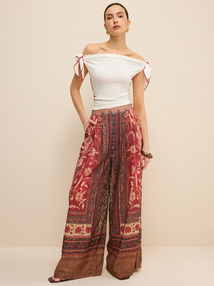 Off-Shoulder Contrast Trim Knotted Top  Liora Lane Boutique T-Shirts