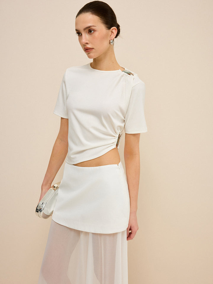 Asymmetrical Buckle Detail Cut-Out Top  Liora Lane Boutique T-Shirts White / XL 22.00