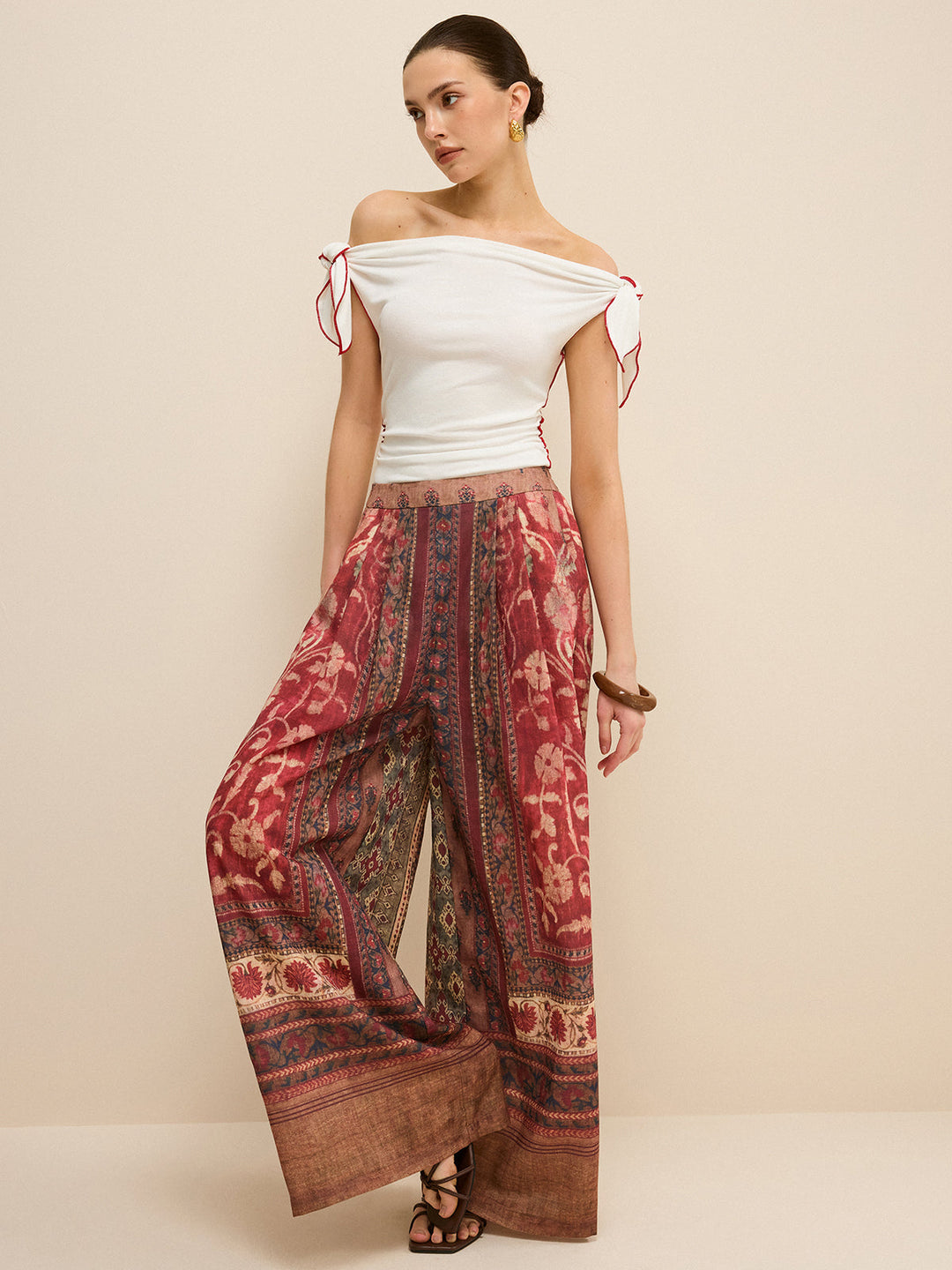 Off-Shoulder Contrast Trim Knotted Top  Liora Lane Boutique T-Shirts