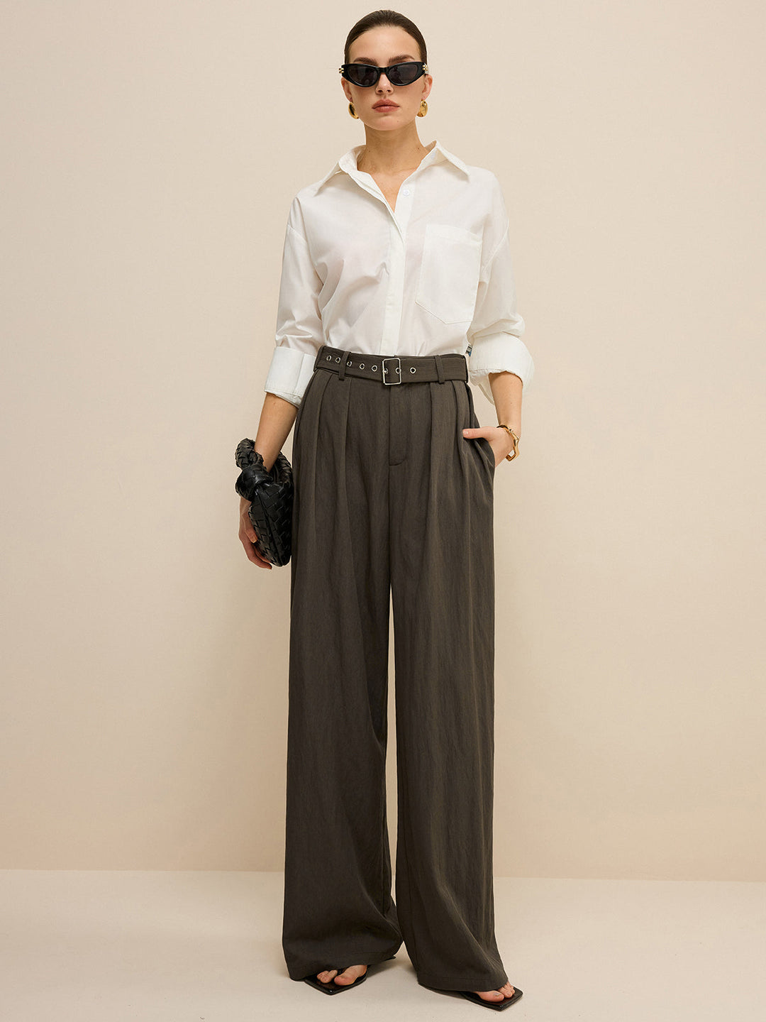 Army Green Belted Pleated Wide-Leg Pants  Liora Lane Boutique Pants