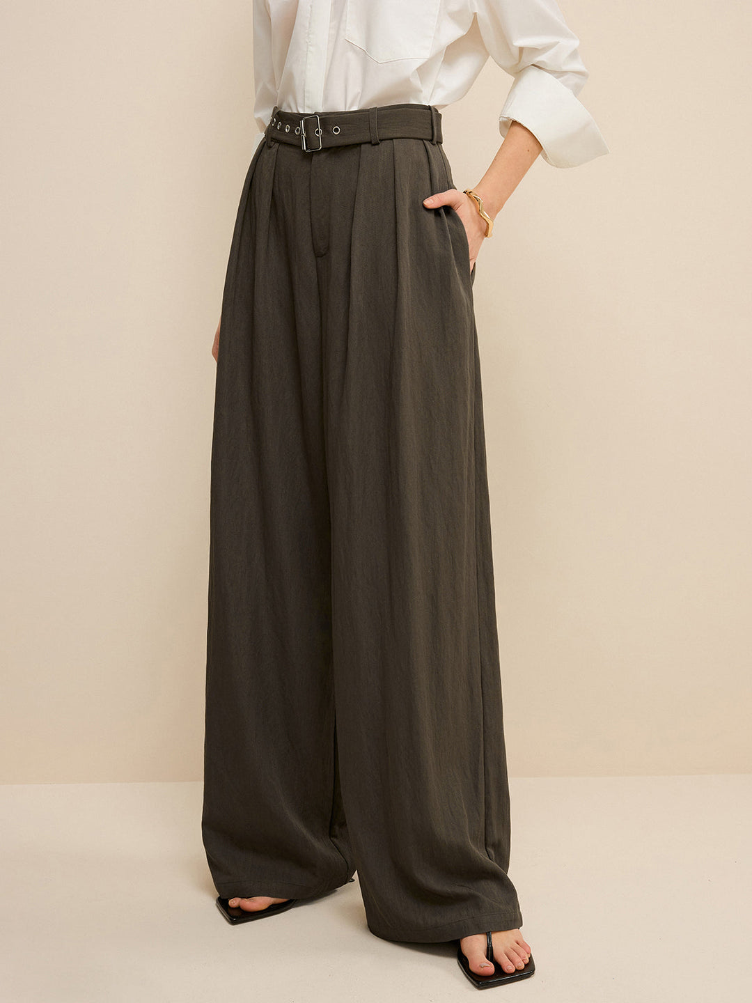 Army Green Belted Pleated Wide-Leg Pants  Liora Lane Boutique Pants