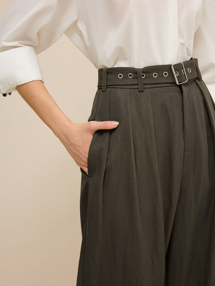Army Green Belted Pleated Wide-Leg Pants  Liora Lane Boutique Pants