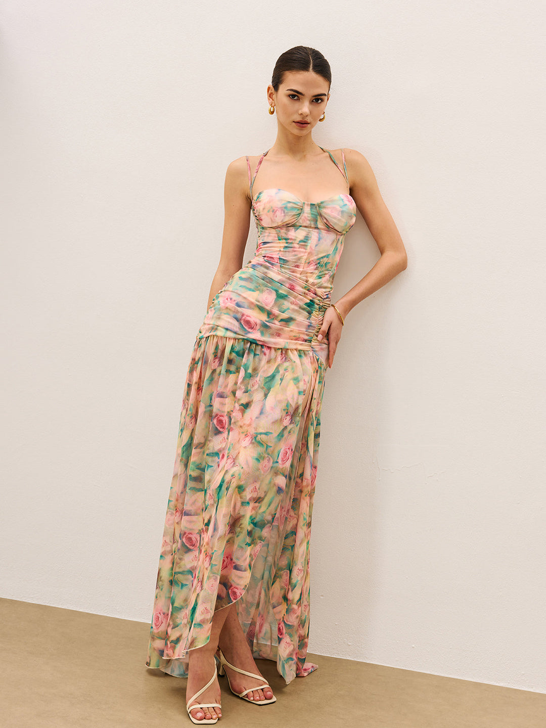 Floral Print Ruched Cami Dress With High Split  Liora Lane Boutique Dresses Green / XL 55.00