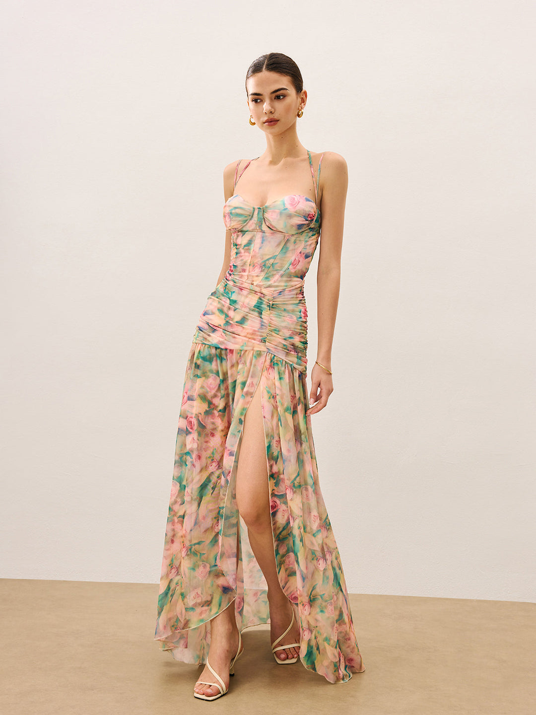 Floral Print Ruched Cami Dress With High Split  Liora Lane Boutique Dresses