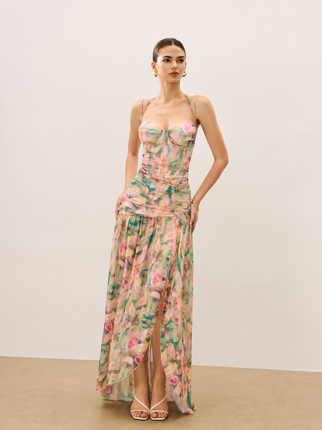Floral Print Ruched Cami Dress With High Split  Liora Lane Boutique Dresses