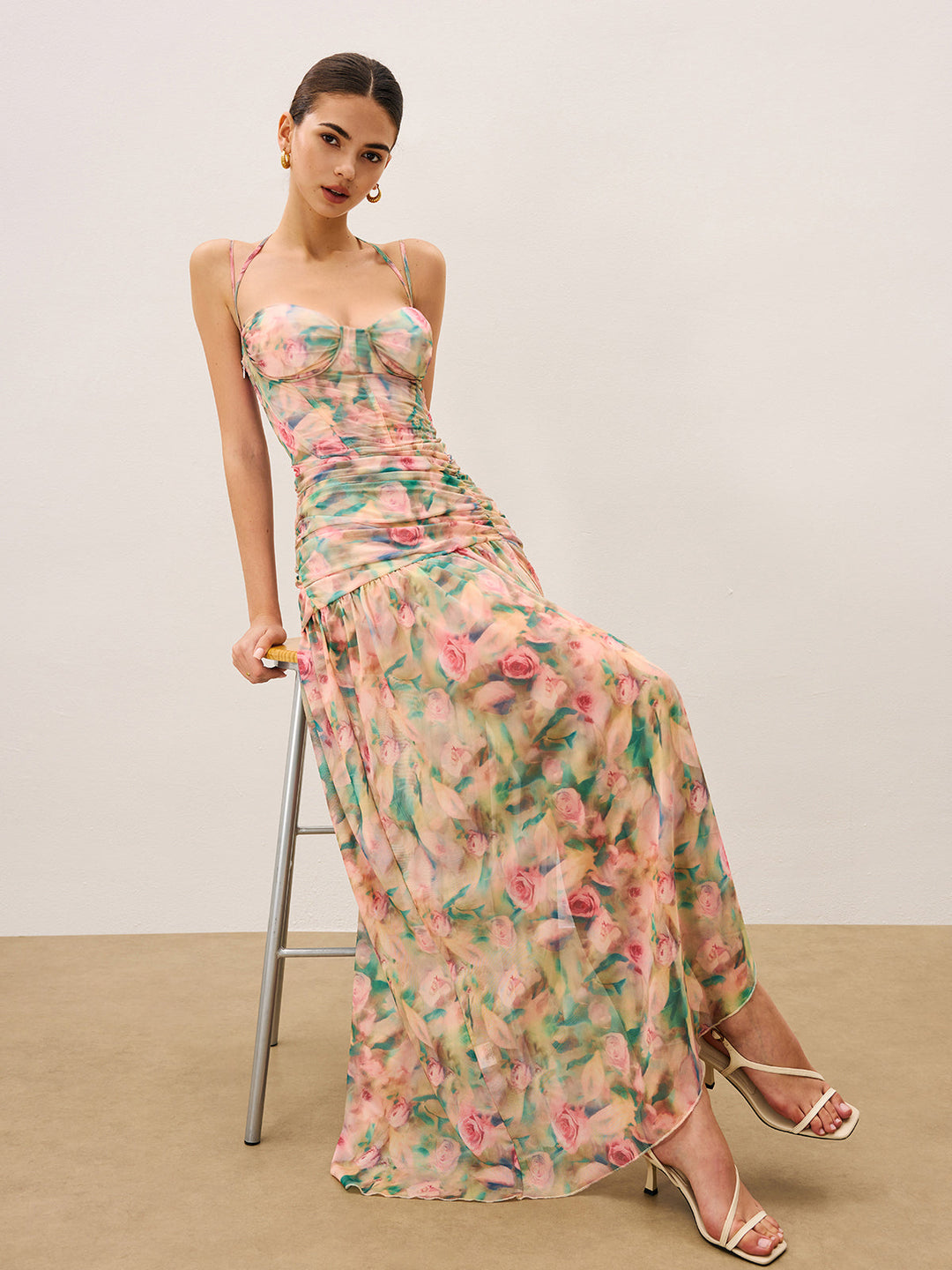 Floral Print Ruched Cami Dress With High Split  Liora Lane Boutique Dresses