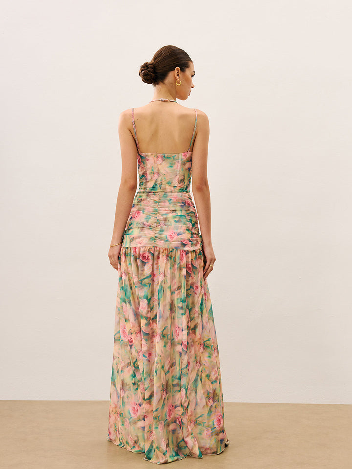 Floral Print Ruched Cami Dress With High Split  Liora Lane Boutique Dresses