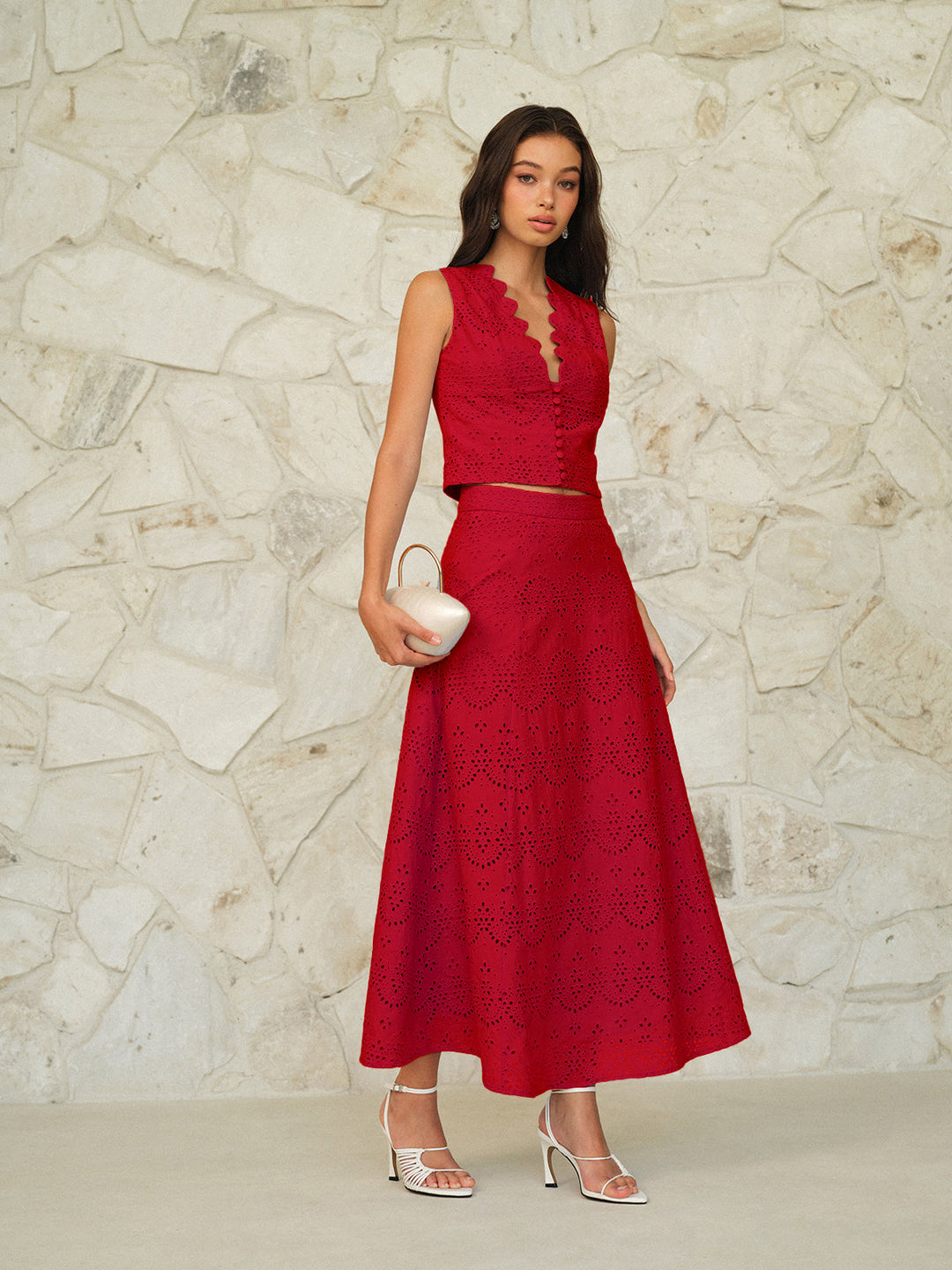 Eyelet Pattern Maxi Skirt  Liora Lane Boutique Skirts Red / XL 68.00