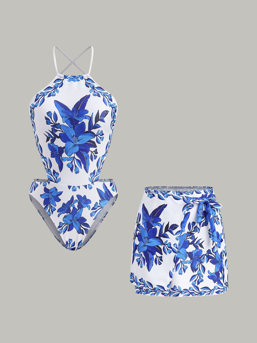Floral Print Back Tie One-Piece Swimsuit With Cover-Up Skirt  Liora Lane Boutique One-Pieces