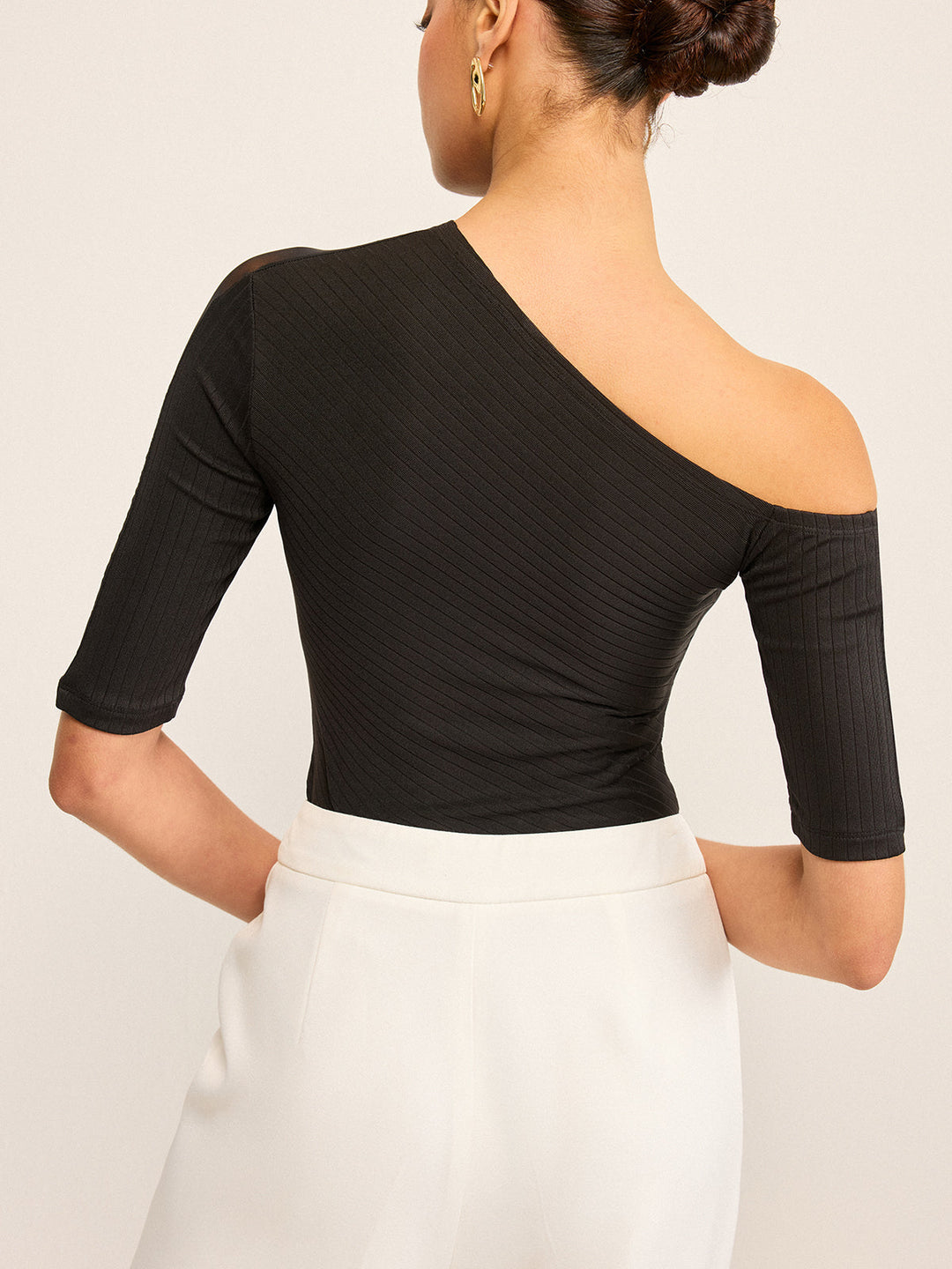 Semi-Sheer One-Shoulder Top with Mesh Sleeve  Liora Lane Boutique T-Shirts