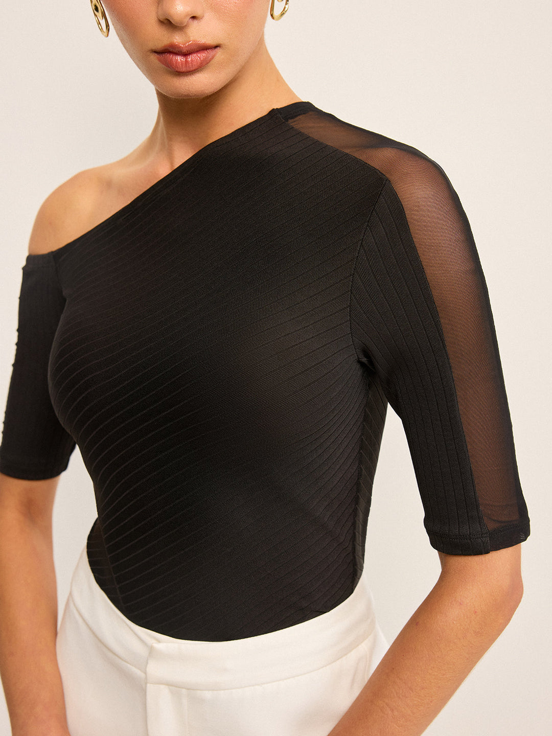 Semi-Sheer One-Shoulder Top with Mesh Sleeve  Liora Lane Boutique T-Shirts