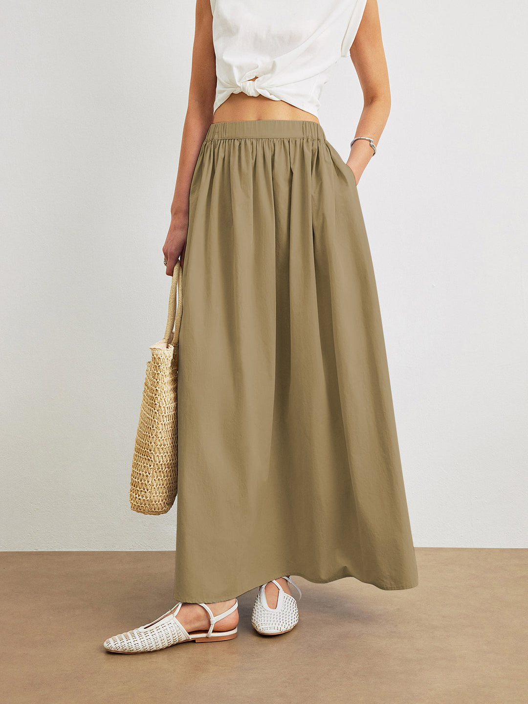 Cotton A-Line Skirt With Pockets  Liora Lane Boutique Skirts Khaki / XL 46.00