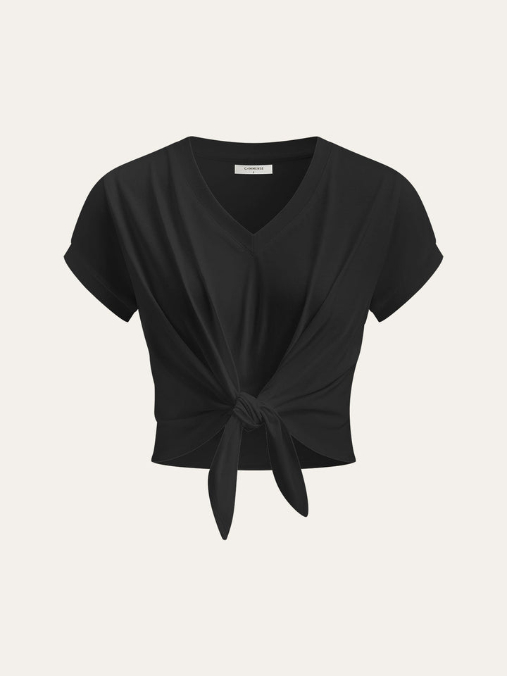 Knot Front V-Neck T-Shirt  Liora Lane Boutique T-Shirts Black / XL 24.00