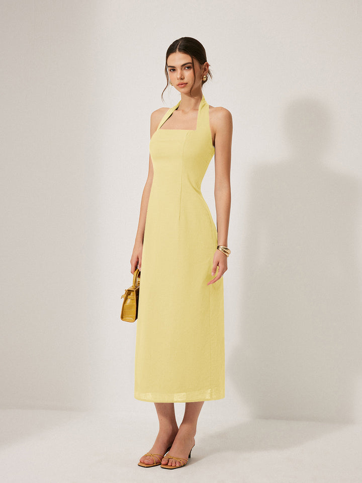 Cotton & Linen Halter Backless Split Dress  Liora Lane Boutique Dresses Yellow / XL 94.99
