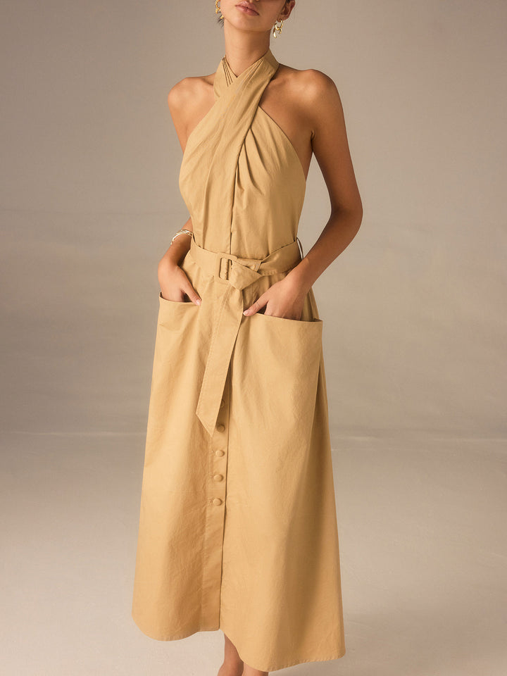 Cotton Pleated Halter Neck Belted Midi Dress  Liora Lane Boutique Dresses