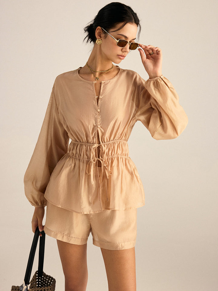 Tencel Tie-Waist Top and Shorts Set  Liora Lane Boutique Short Sets Khaki / XL 39.00