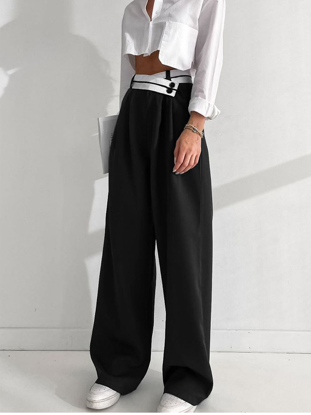 Asymmetrical Contrast Waistband Wide Leg Dress Pants  Liora Lane Boutique Pants