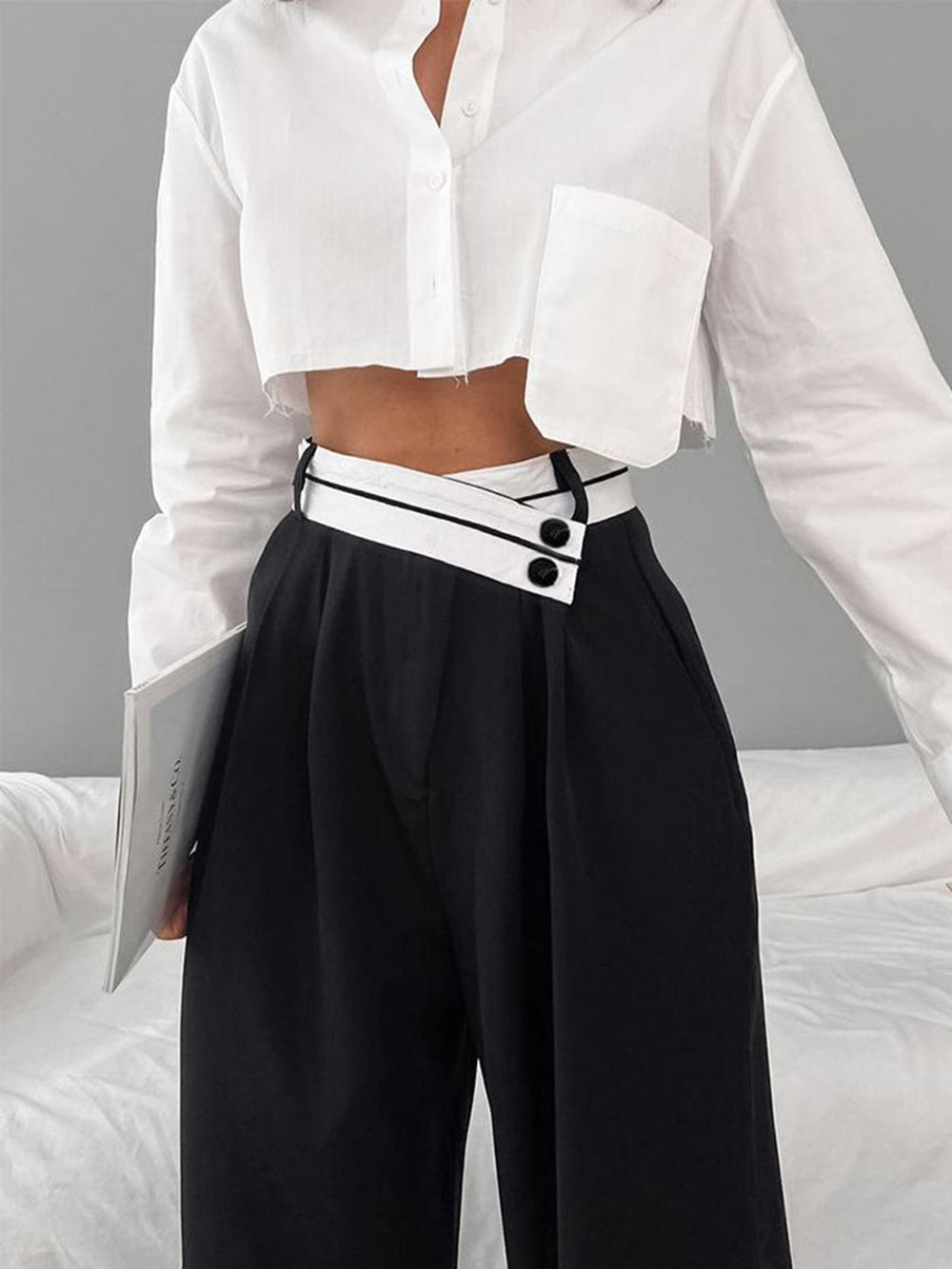 Asymmetrical Contrast Waistband Wide Leg Dress Pants  Liora Lane Boutique Pants