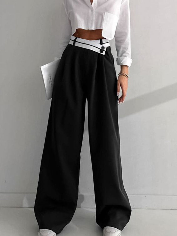 Asymmetrical Contrast Waistband Wide Leg Dress Pants  Liora Lane Boutique Pants Black / XL 48.00