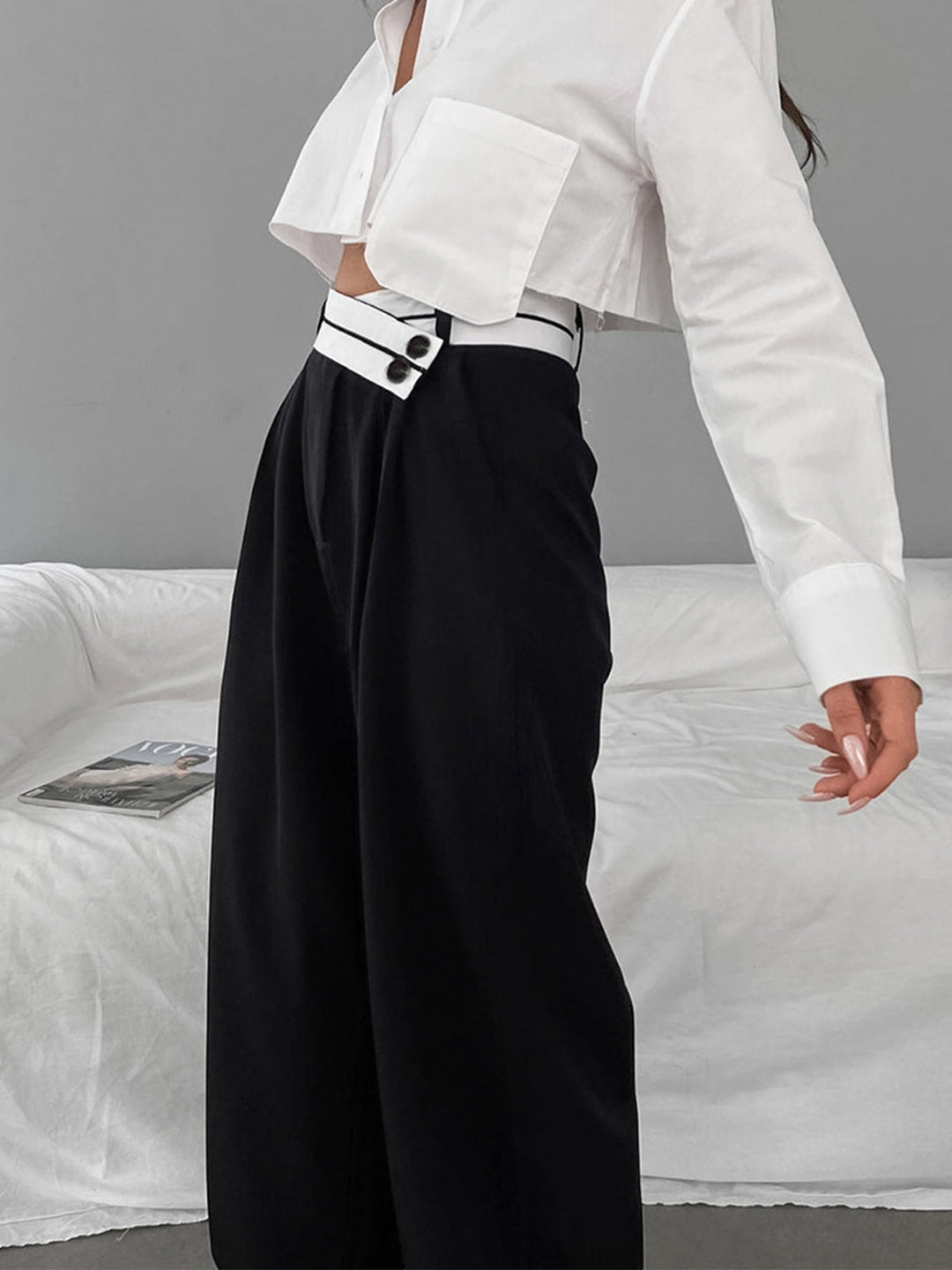 Asymmetrical Contrast Waistband Wide Leg Dress Pants  Liora Lane Boutique Pants