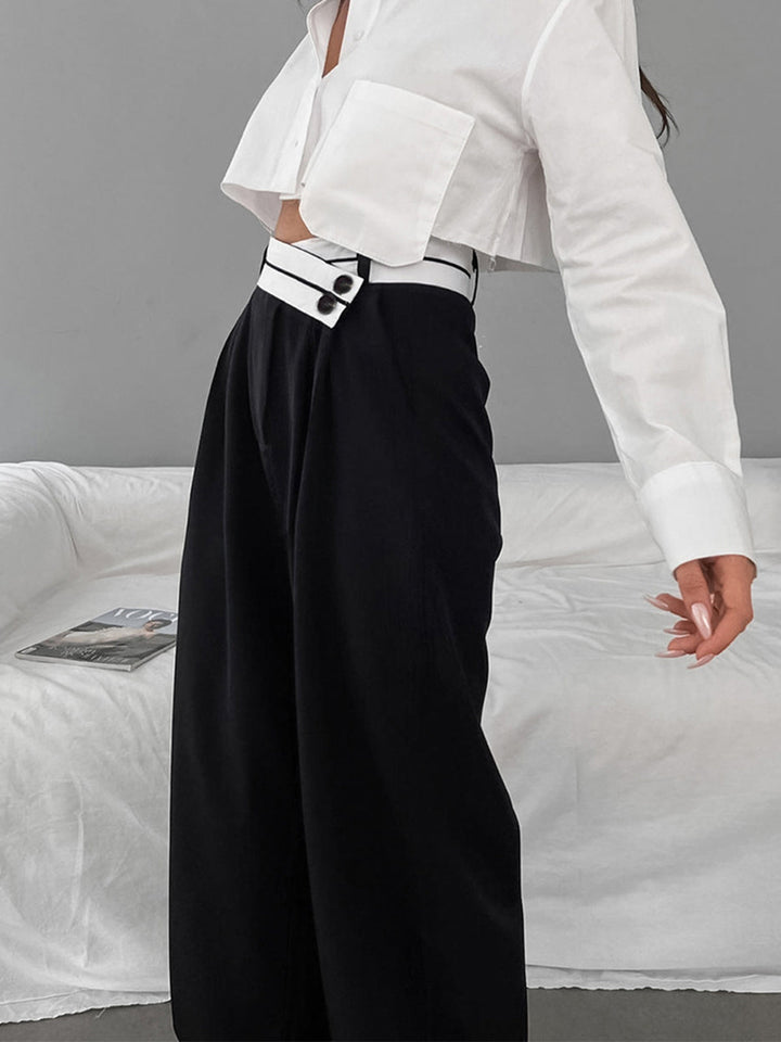 Asymmetrical Contrast Waistband Wide Leg Dress Pants  Liora Lane Boutique Pants