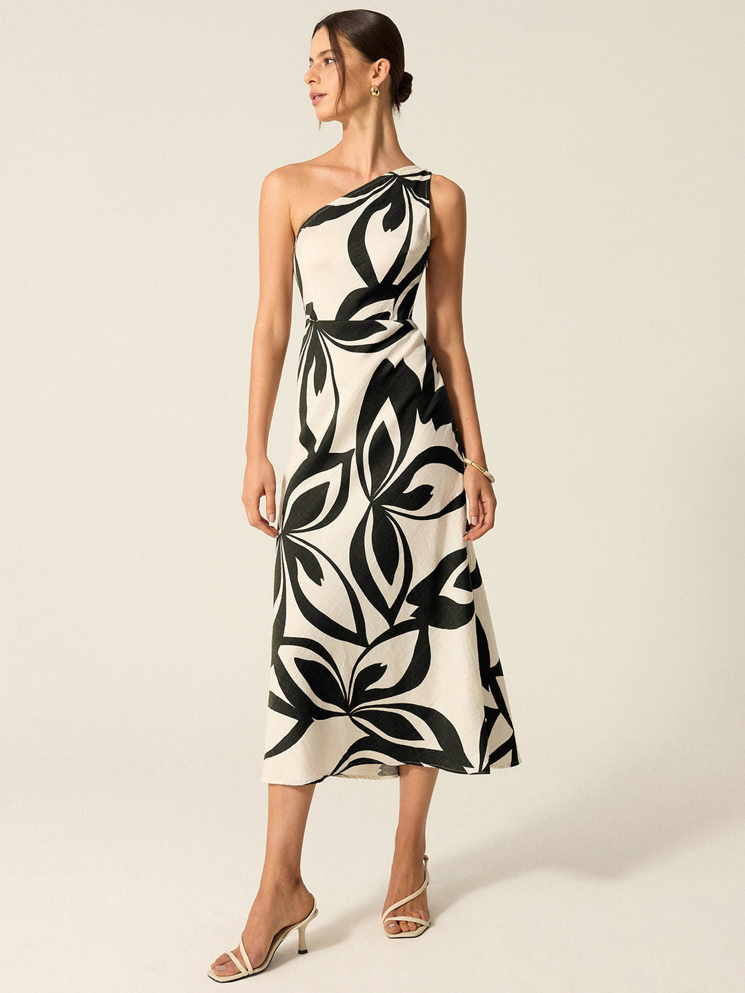 One-Shoulder Printed Midi Dress  Liora Lane Boutique Dresses Black / XL 84.99