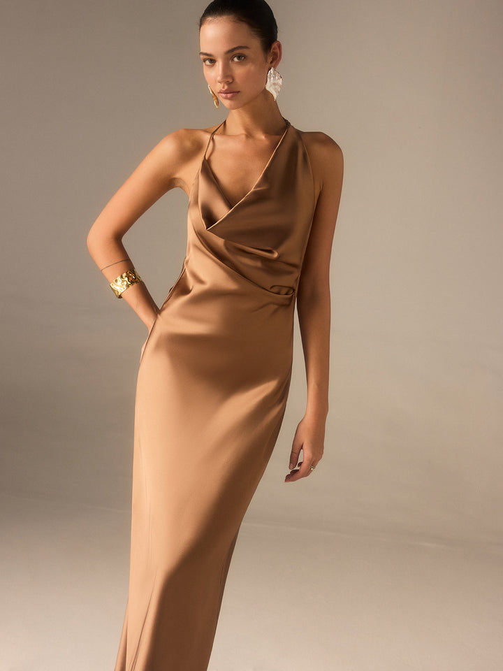 Satin Halter-Neck Backless Maxi Dress  Liora Lane Boutique Dresses
