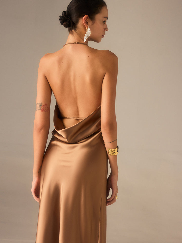 Satin Halter-Neck Backless Maxi Dress  Liora Lane Boutique Dresses Light Brown / XL 84.99