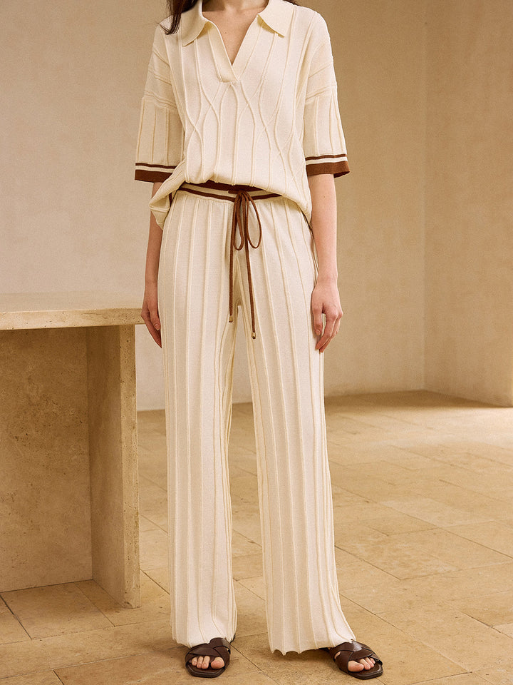 Contrast-Trimmed Polo Neck Top and Drawstring Straight-Leg Pants Set  Liora Lane Boutique Pant Sets