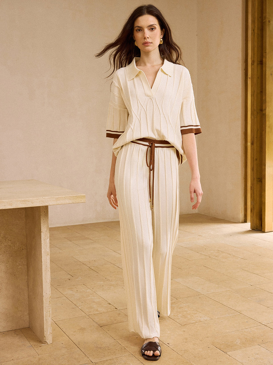 Contrast-Trimmed Polo Neck Top and Drawstring Straight-Leg Pants Set  Liora Lane Boutique Pant Sets