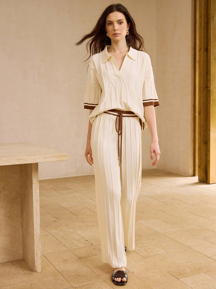 Contrast-Trimmed Polo Neck Top and Drawstring Straight-Leg Pants Set  Liora Lane Boutique Pant Sets