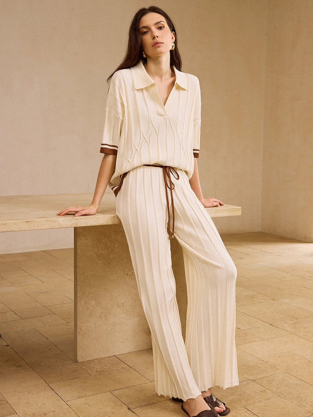 Contrast-Trimmed Polo Neck Top and Drawstring Straight-Leg Pants Set  Liora Lane Boutique Pant Sets