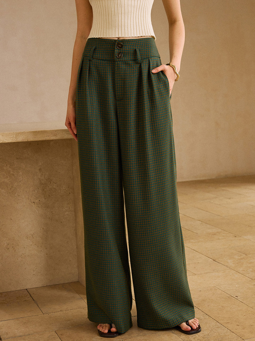 Vintage Plaid High-Waisted Pants with Belt  Liora Lane Boutique Pants