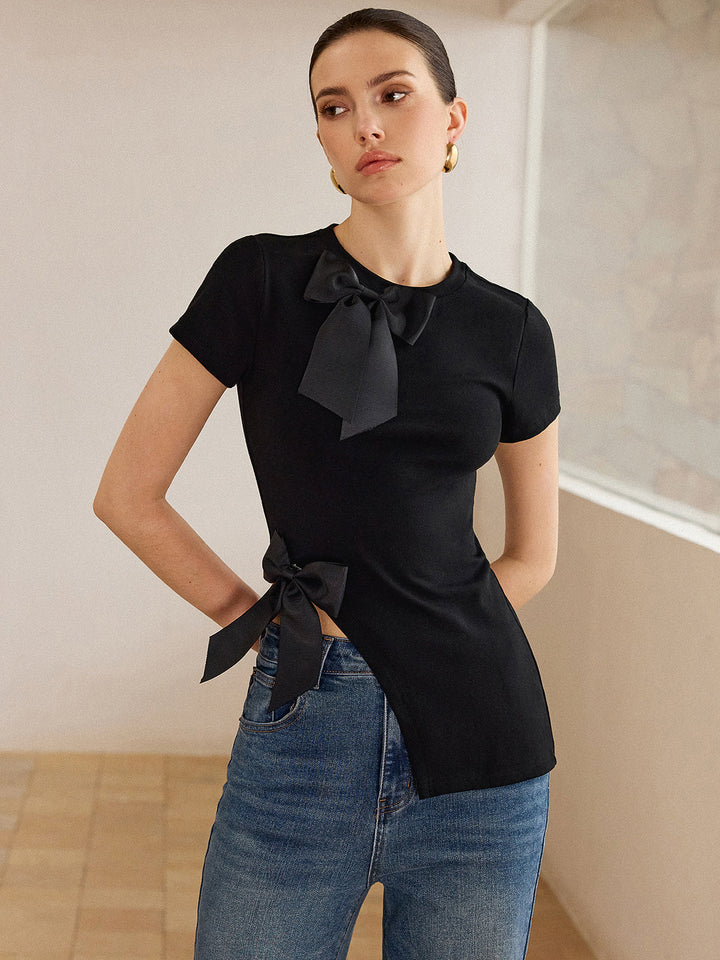 3D Bow-Detailed Top with Asymmetric Hem  Liora Lane Boutique T-Shirts