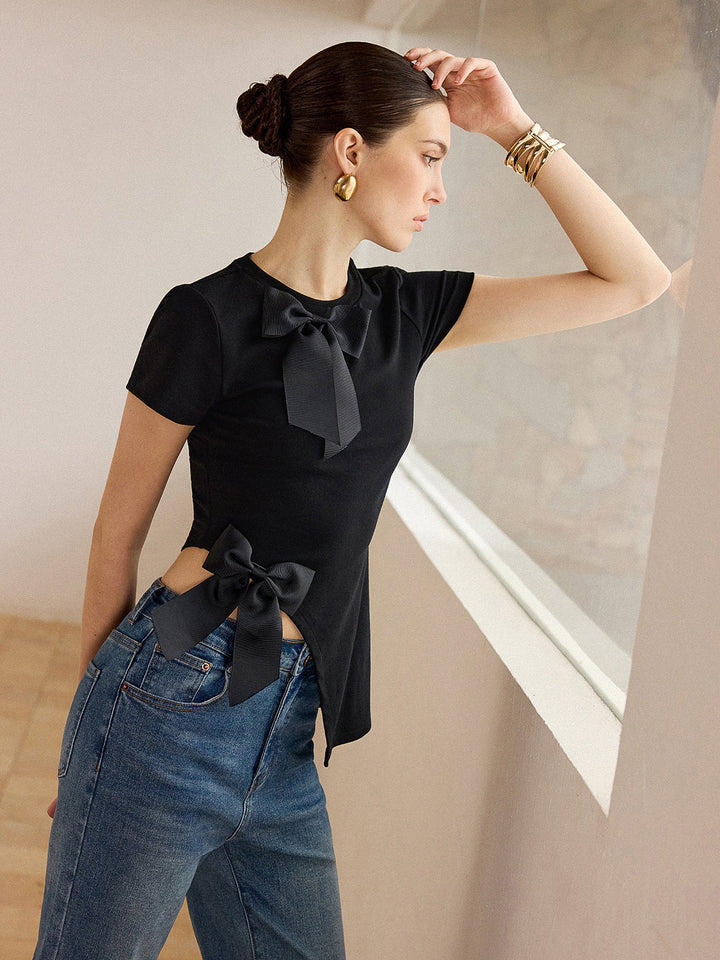 3D Bow-Detailed Top with Asymmetric Hem  Liora Lane Boutique T-Shirts