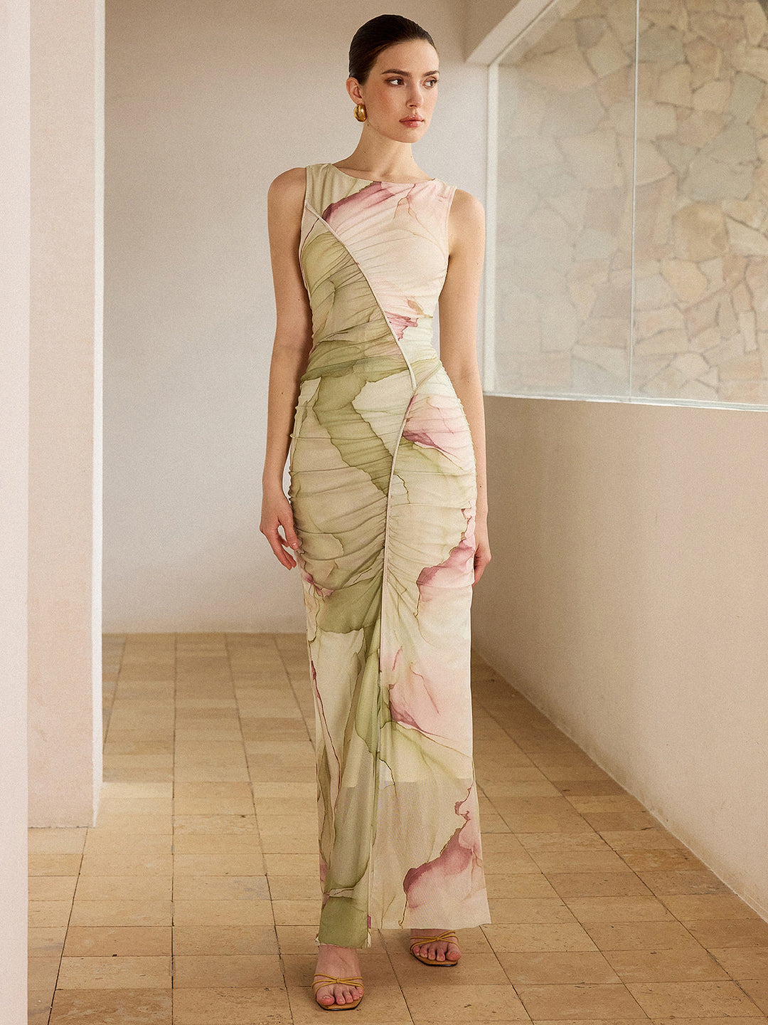 Printed Semi-Sheer Mesh Maxi Dress  Liora Lane Boutique Dresses Green / XL 39.00