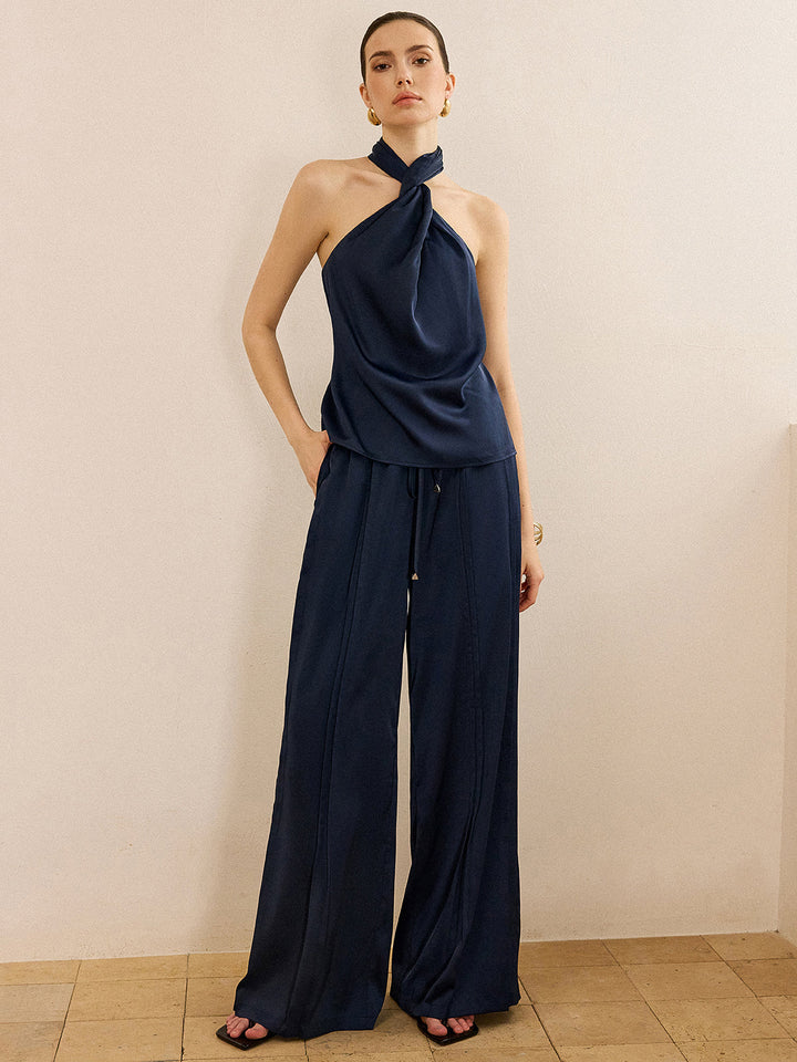 Satin Halter Neck Top and Wide-Leg Pants Set  Liora Lane Boutique Pant Sets
