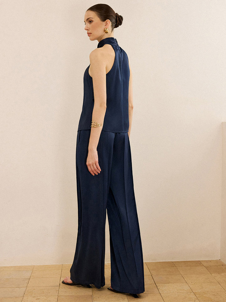 Satin Halter Neck Top and Wide-Leg Pants Set  Liora Lane Boutique Pant Sets