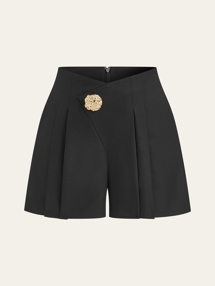 Mid-Waisted Pleated Shorts with Metal Button  Liora Lane Boutique Shorts Black / XL 29.00