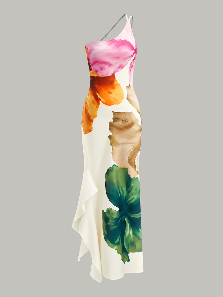 Asymmetric One-Shoulder Floral Print Maxi Dress  Liora Lane Boutique Dresses Multicolor / XL 35.00