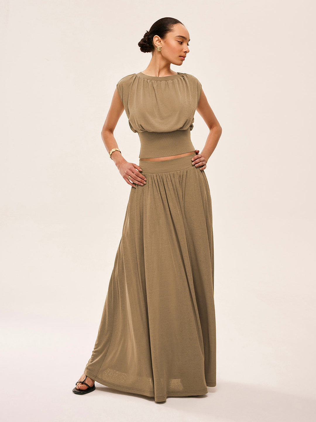 Gathered Waist Top With Flowy Skirt Set  Liora Lane Boutique Skirt Sets Khaki / XL 58.00