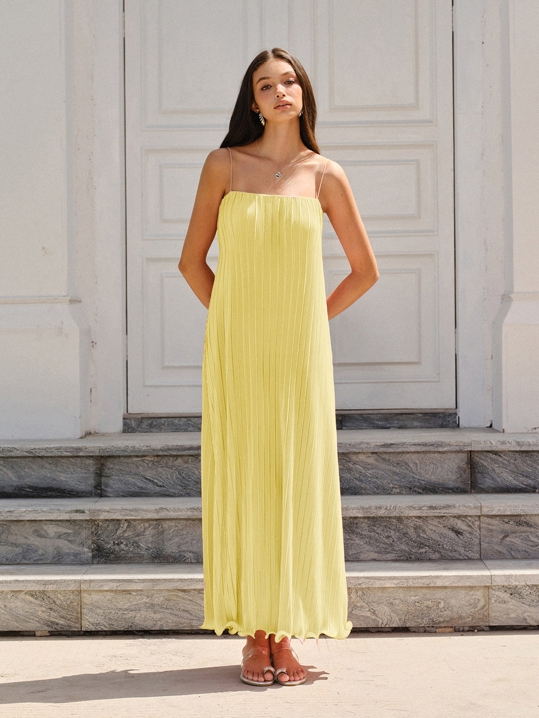 Spaghetti-Strapped Vertical-Pleated Maxi Dress  Liora Lane Boutique Dresses Yellow / XL 84.99