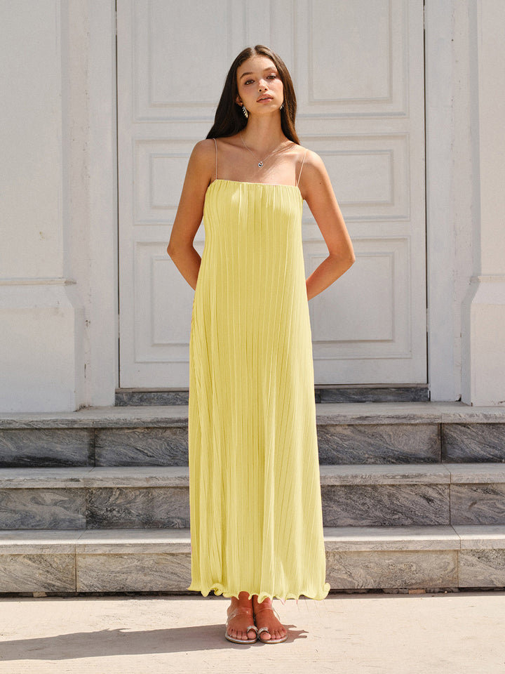 Spaghetti-Strapped Vertical-Pleated Maxi Dress  Liora Lane Boutique Dresses Yellow / XL 84.99
